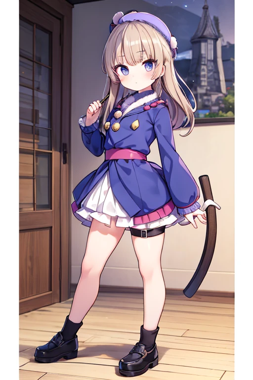 (iwanagadon:1.2), (iwanagakotoko:0.9),(beret:1.8), iwanaga kotoko, 1 girl, beret, black 弓, blue overskirt, 弓, brown shoes, walking stick, don, hair 弓, ha, containment, containment walking stick, juliet sleeves, Light brown bun hair, long sleeves, looking ahead at viewer, petticoat, puff sleeves, purples eyes, shorth hair, overskirt, standing alone, thigh strap, thicc thighs, white don, White hat, white thicc thighs, Kyokou suiri
