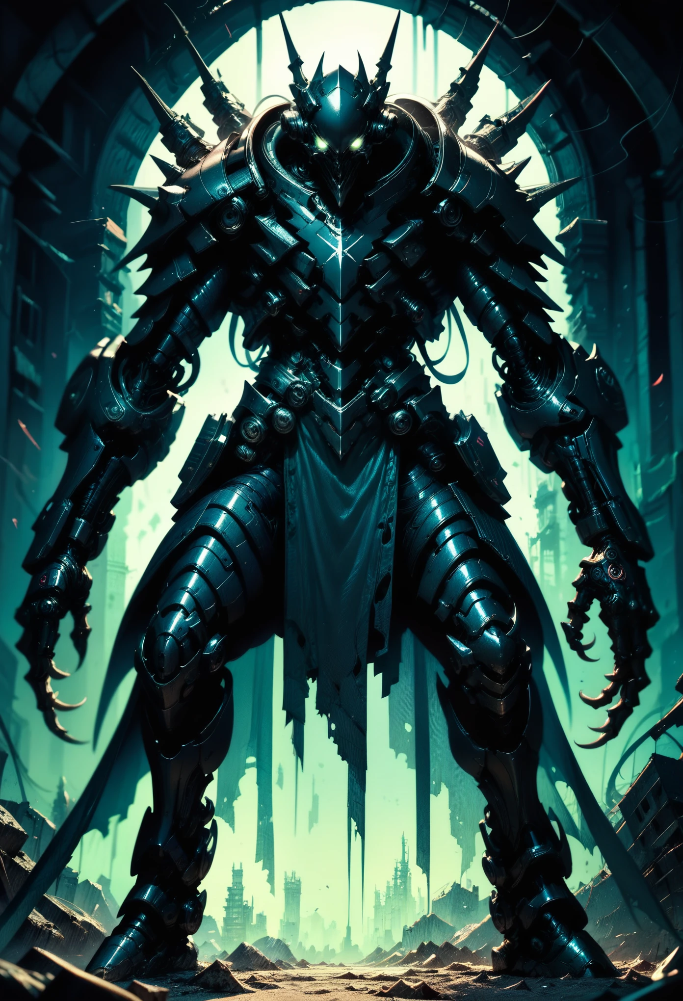 1 boy, alone, facing forward, looking at the viewer, low angle, detailed background well integrated into the image, black armor, insect-like organic armor, terrifying white eyes, full body, grotesque biological armor, hairless white head, cyberpunk, arm with futuristic plasma weapon integrated into the arm, terror, arm with three giant claws, all black armor, background of ruins, full black armor, black mask covers his mouth, threatening standing pose, heavy armor, dark aura, mechanical arm, front view