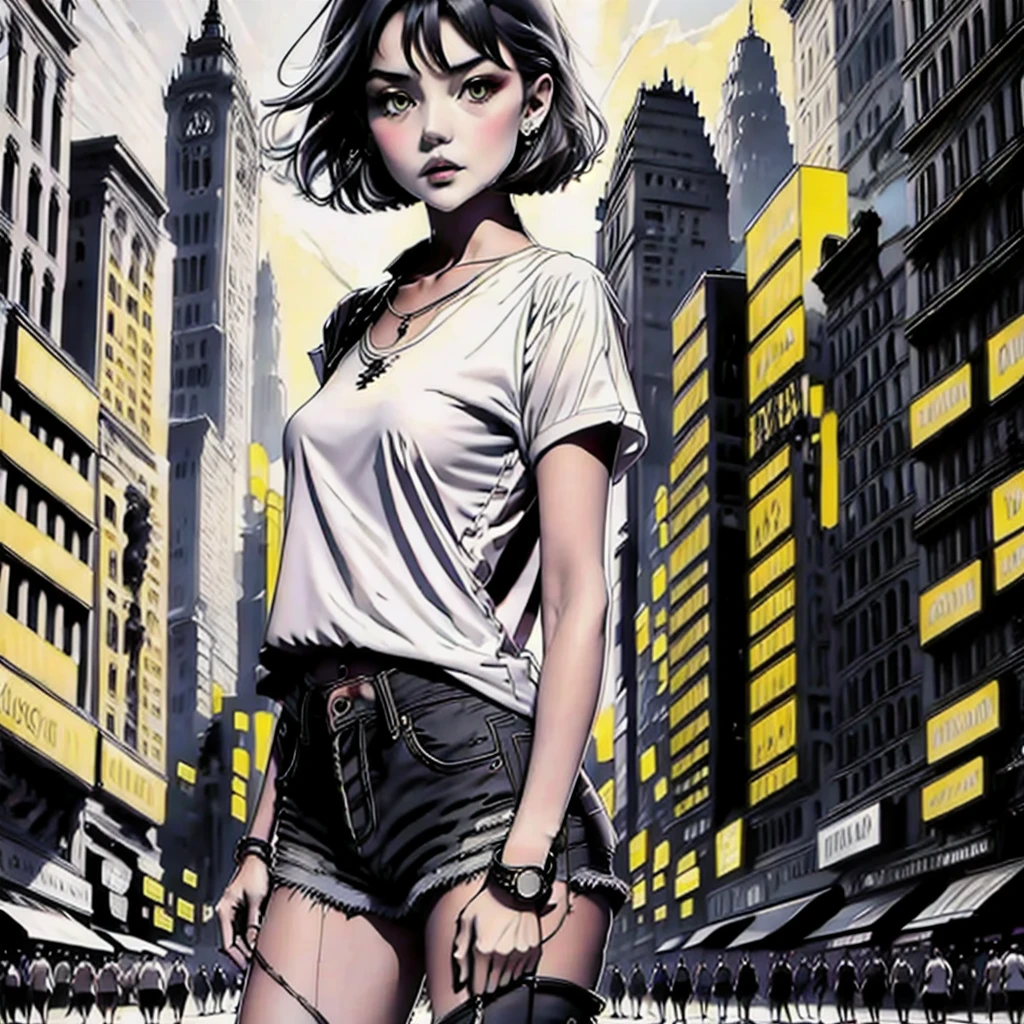 1girl, short black hair, blue eyes, wearing plain white shirt, denim shorts, city, absurdres, high res, ultrasharp, 8K, masterpiece, looking at viewer