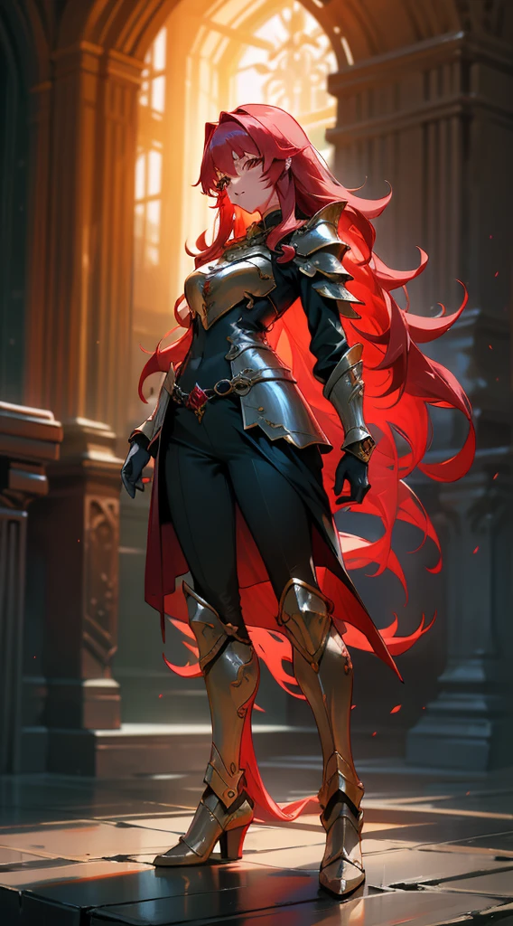 a full body sensual woman, wildly rainbow colored long curly hair, ダークファンタジー, red colored armor, Standing up, a dark fantasy medieval dungeon background