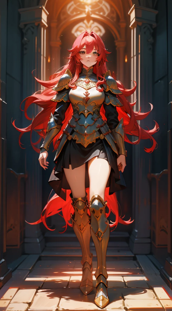 a full body sensual woman, wildly rainbow colored long curly hair, ダークファンタジー, red colored armor, Standing up, a dark fantasy medieval dungeon background