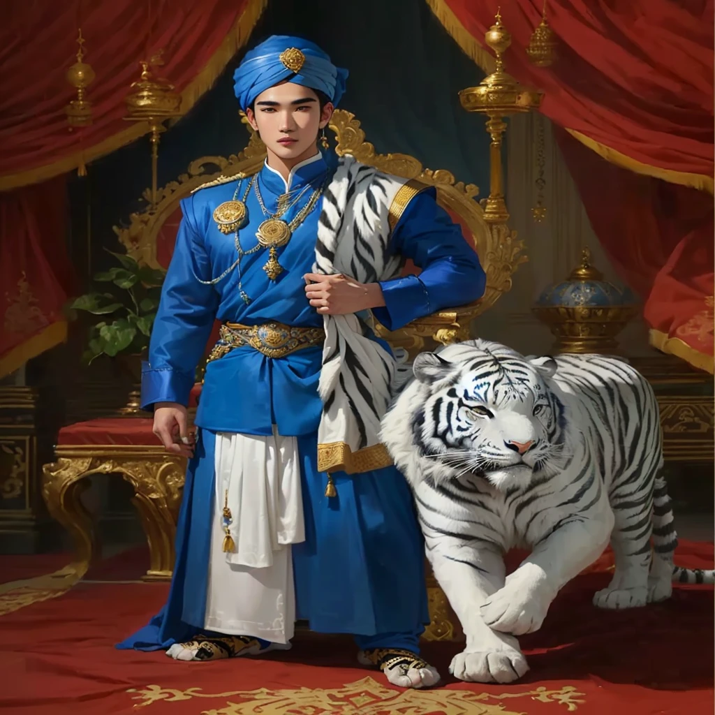 "Mario Maurer wearing a blue turban and long royal blue attire, with a blue and white sarong wrapped around his waist. A white striped black turban is draped over his shoulder. A white tiger stands beside him, with a royal altar in the background."