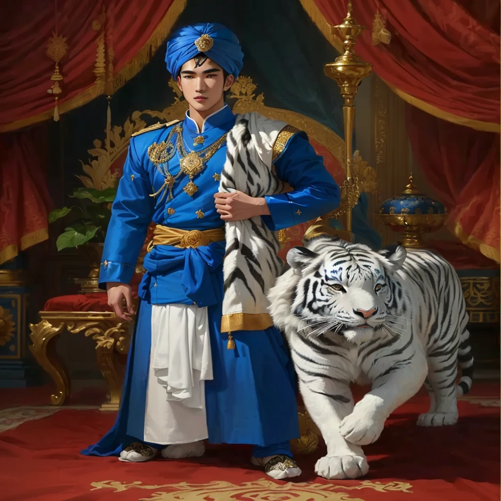"Mario Maurer wearing a blue turban and long royal blue attire, with a blue and white sarong wrapped around his waist. A white striped black turban is draped over his shoulder. A white tiger stands beside him, with a royal altar in the background."
