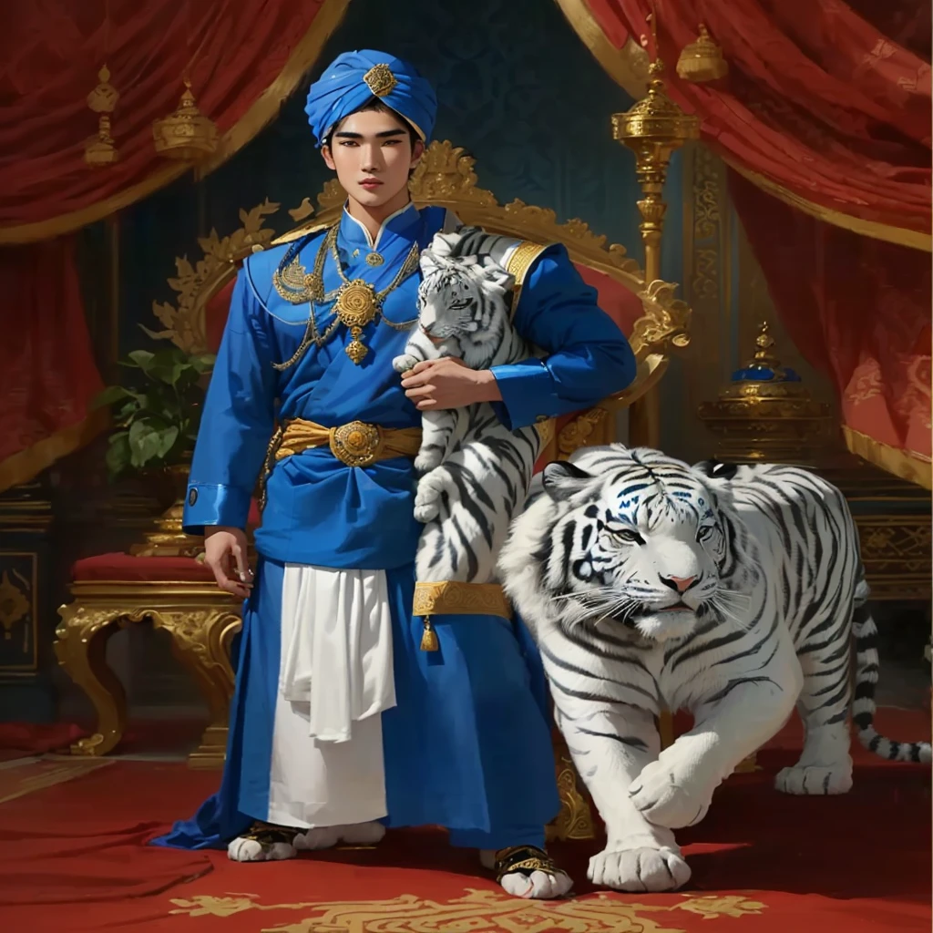 "Mario Maurer wearing a blue turban and long royal blue attire, with a blue and white sarong wrapped around his waist. A white striped black turban is draped over his shoulder. A white tiger stands beside him, with a royal altar in the background."