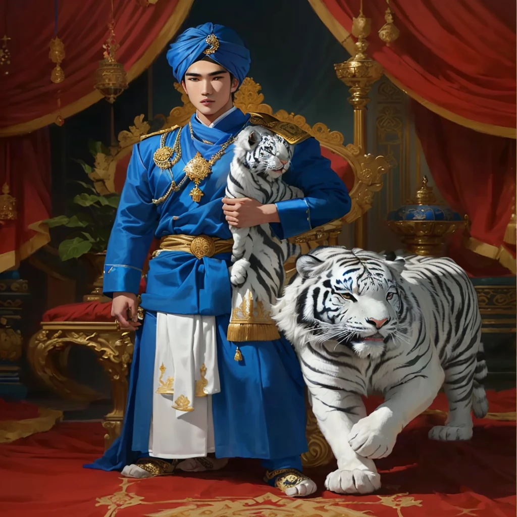 "Mario Maurer wearing a blue turban and long royal blue attire, with a blue and white sarong wrapped around his waist. A white striped black turban is draped over his shoulder. A white tiger stands beside him, with a royal altar in the background."