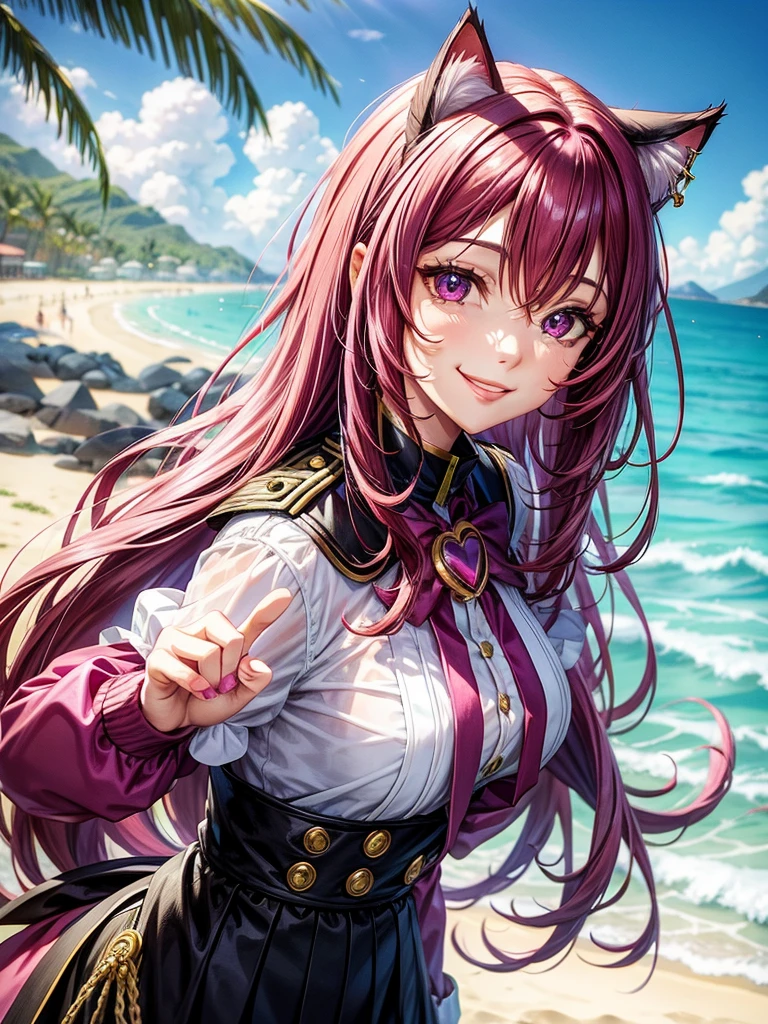 Magenta hair, hazel eyes, older woman, uniform clothes, hair jewel ornament, cat ears, long hair, smiling face, beach background