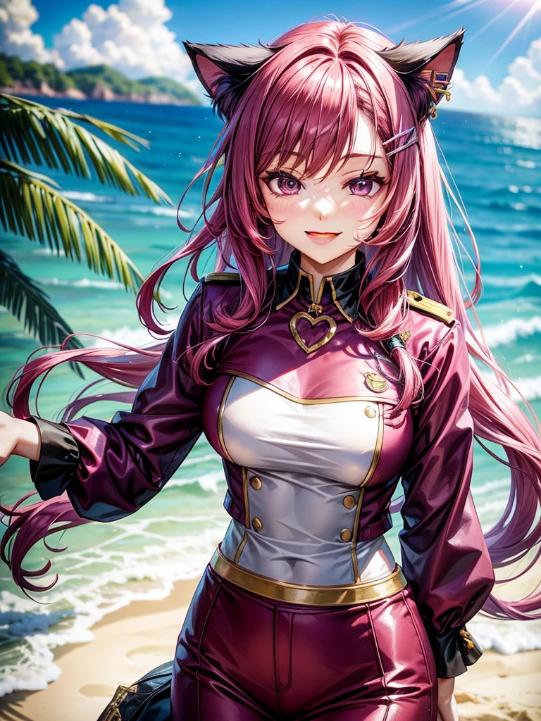 Magenta hair, hazel eyes, older woman, uniform clothes, hair jewel ornament, cat ears, long hair, smiling face, beach background
