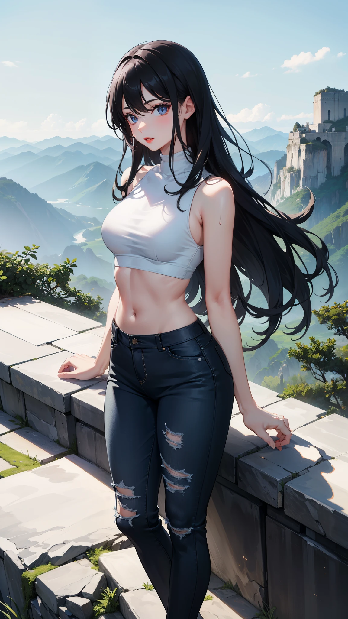 A beautiful girl, standing on a rock,tight jeans,crop top,white top,sweaty top,wavy hairs, black long hairs, beautiful eyes,red lips, mountains,from top view, beautiful sceneary, high quality, 8k resolution, ultra high quality,best image quality,best image clarity,