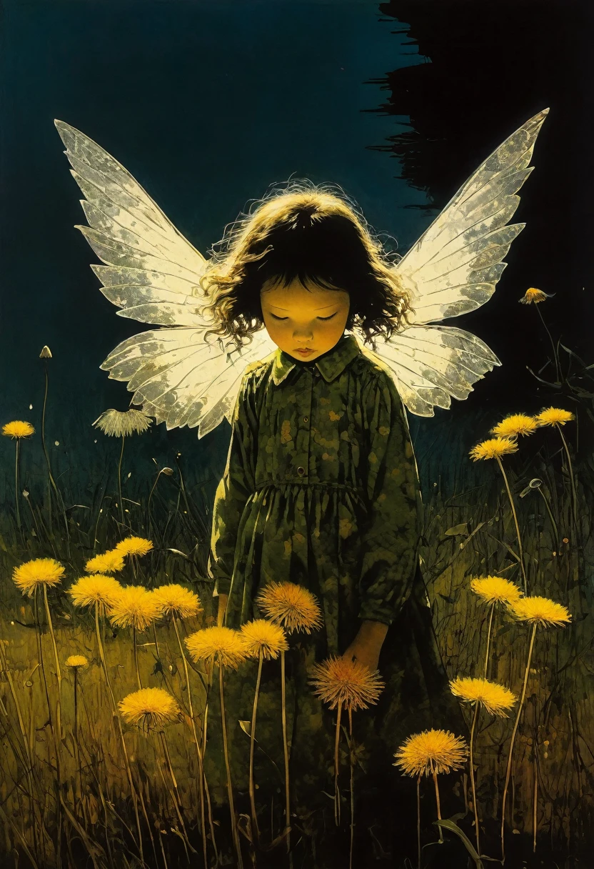 The flower is dried up, odorless, next to the flower is a dandelion girl with wings. The disturbing and grotesque world of Stephen Gummel. Style by Andrew Wyeth, Katsuhiro Otomo “Scary stories told in the dark.