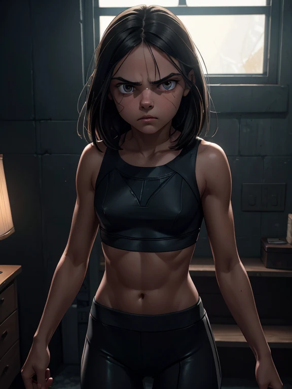 Dafne Keen as X-23, slim athletic body, Ultrarealistic, beautiful face, young face, beautiful eyes, beautiful lips, flat chested; cinematic lighting, dark mood, soft light on Dafne Keen; "Laura battles with her inner demons, struggling to control her rage and come to terms with her identity as a weapon."