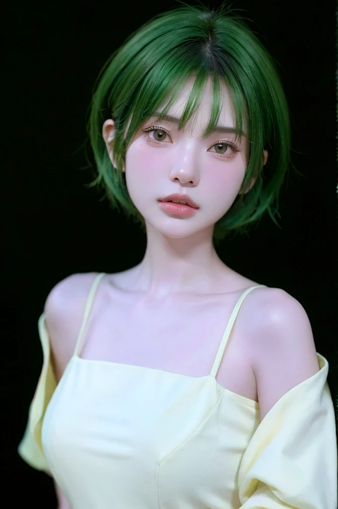 HDR, UHD,8K, face High Quality, nokiapretty, sweather, (((black background 8k))), short hair, greenhair, from below
