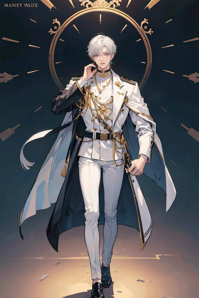 (masterpiece), best quality, seductive eyes, perfect face, handsome man, dark black eyes, messy short length white hair, long nose, arm tattoos, white military-general suit, black gloves, full body, extremely tall man, long legs, long calves, anime cover, 1boy, ear piercings, adult-like look, standing, bad boy, army in the background, manhwa character
