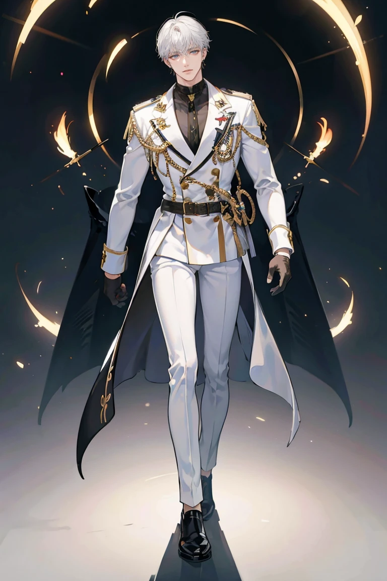 (masterpiece), best quality, seductive eyes, perfect face, handsome man, dark black eyes, messy short length white hair, long nose, arm tattoos, white military-general suit, black gloves, full body, extremely tall man, long legs, long calves, anime cover, 1boy, ear piercings, adult-like look, standing, bad boy, army in the background, manhwa character