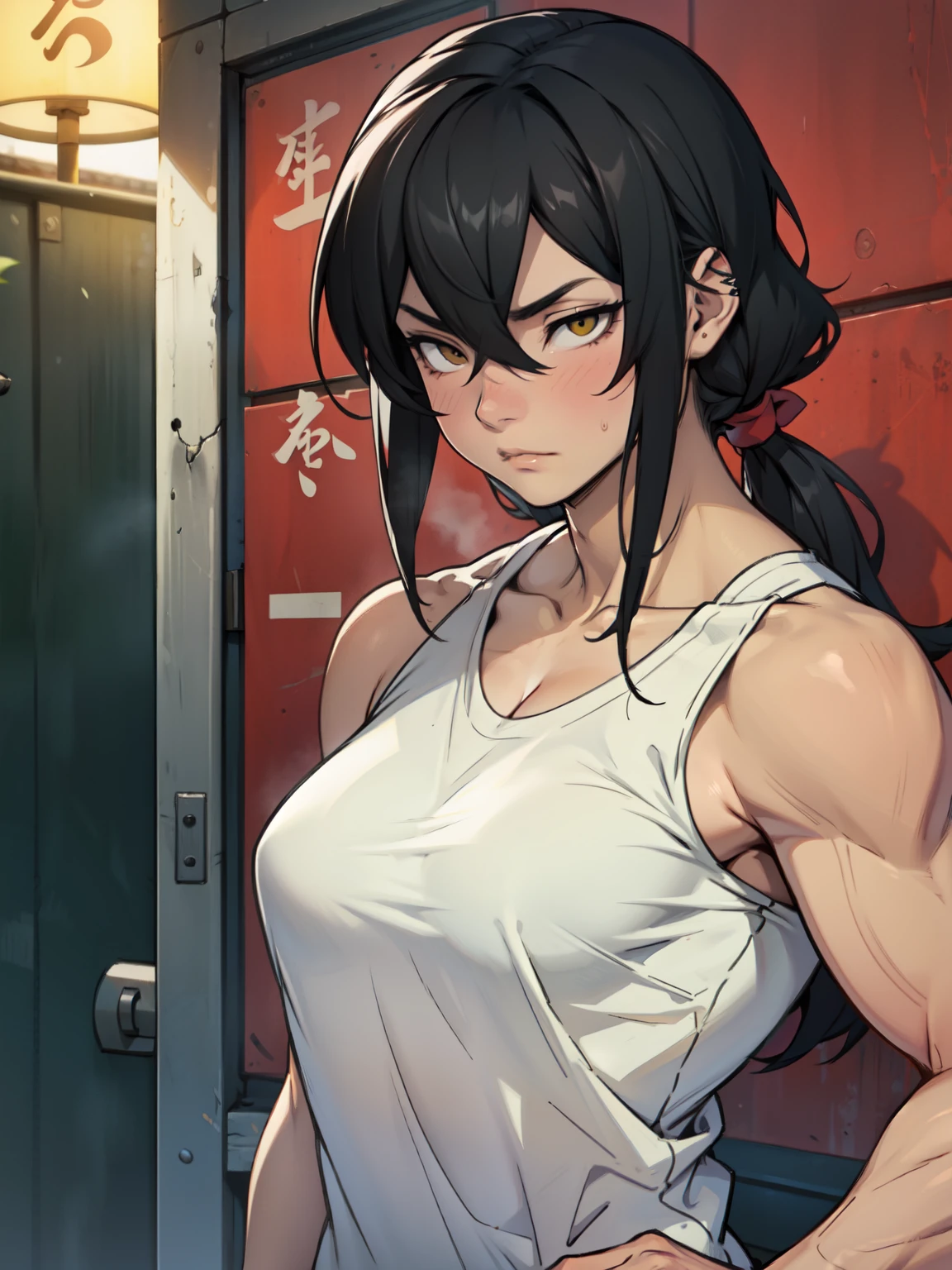 empty eyes embarrassed black hair yellow eyes pale skin muscular girl