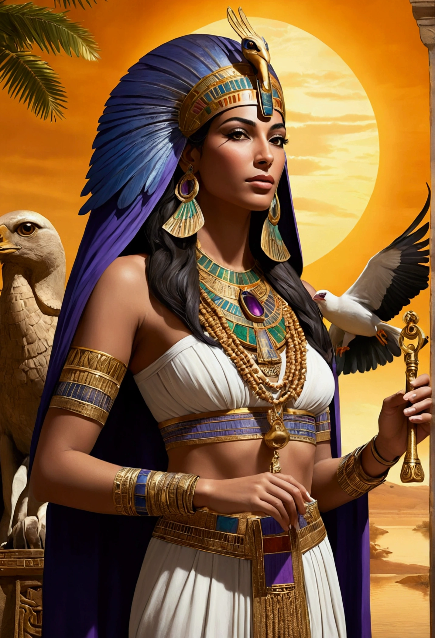 Queen Isis, half-length, adorned with jewelry, holding an ankh in her hands, ancient atmosphere, royal palace, realistic, HD Imagine a large-scale painting, with vibrant, rich colors, depicting the goddess Isis in all her majesty and glory. Isis is at the center of the composition, an imposing and serene figure, radiating power and benevolence. She is depicted in traditional Egyptian attire., adorned with elaborate jewelry of gold and precious stones, that twinkle in the soft light. Your dress is deep blue, symbolizing purity and wisdom, while your golden cloak floats lightly, suggesting movement and divine energy. Isis wears a crown composed of a stylized throne, representing your name, and a solar disk between two cow horns, symbolizing your connection to heaven and celestial power. Your eyes are big and expressive, showing both compassion and inner strength. Around her, an aura of golden light emanates, suggesting his divinity and protection. in background whith, there is a scenery of the Nile at dusk, with palm trees and ancient temples, creating a mystical and sacred environment. Sacred birds, like the ibis and the falcon, fly around, representing your connection to nature and the gods. The sky is dyed orange and purple, reflecting the tranquility and reverence of the moment.