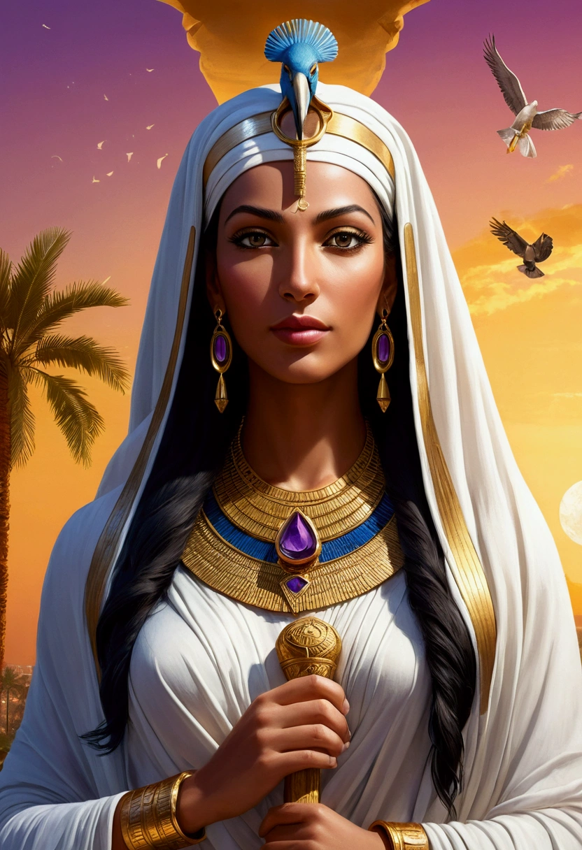 Queen Isis, half-length, adorned with jewelry, holding an ankh in her hands, ancient atmosphere, royal palace, realistic, HD Imagine a large-scale painting, with vibrant, rich colors, depicting the goddess Isis in all her majesty and glory. Isis is at the center of the composition, an imposing and serene figure, radiating power and benevolence. She is depicted in traditional Egyptian attire., adorned with elaborate jewelry of gold and precious stones, that twinkle in the soft light. Your dress is deep blue, symbolizing purity and wisdom, while your golden cloak floats lightly, suggesting movement and divine energy. Isis wears a crown composed of a stylized throne, representing your name, and a solar disk between two cow horns, symbolizing your connection to heaven and celestial power. Your eyes are big and expressive, showing both compassion and inner strength. Around her, an aura of golden light emanates, suggesting his divinity and protection. in background whith, there is a scenery of the Nile at dusk, with palm trees and ancient temples, creating a mystical and sacred environment. Sacred birds, like the ibis and the falcon, fly around, representing your connection to nature and the gods. The sky is dyed orange and purple, reflecting the tranquility and reverence of the moment.