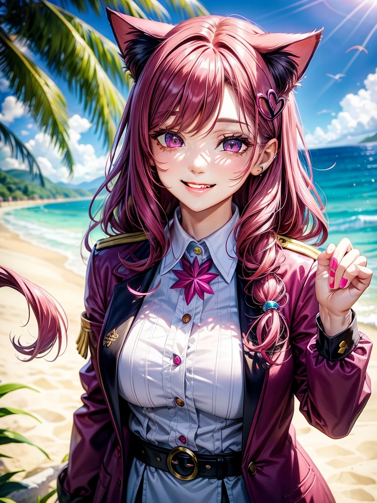 Magenta hair, hazel eyes, older woman, uniform clothes, hair jewel ornament, cat ears, long hair, smiling face, beach background