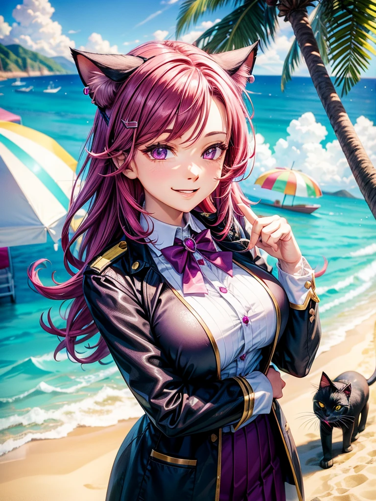 Magenta hair, hazel eyes, older woman, uniform clothes, hair jewel ornament, cat ears, long hair, smiling face,  beach background 