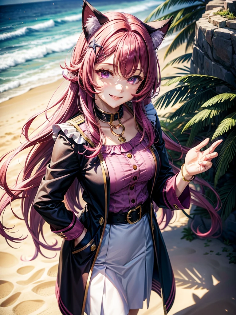 Magenta hair, hazel eyes, older woman, uniform clothes, hair jewel ornament, cat ears, long hair, smiling face,  beach background 