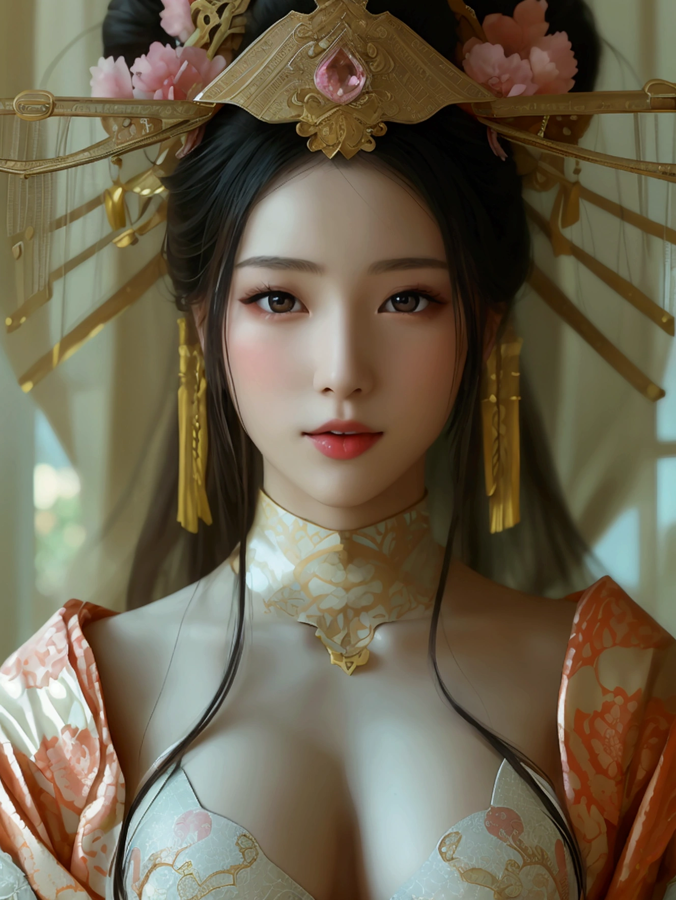 Create an image of a beautiful woman wearing a sexy Japanese princess outfit., The fabric is so thin that the wearer&#39;s nipples and skin can be seen., She can spread her legs wide to show off her genitals., She has a slim face., sharp eyes, long hair, responsive face, high nose, and thin lips, Her breasts are 32 inches long with pink nipples., Her waist is 24 inches., Her hips are 33 inches., Her skin was bright and white., She has light brown hair., And her figure was slim and slightly muscular..