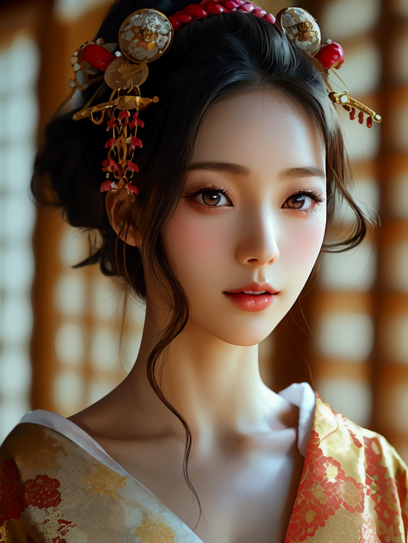 Create an image of a beautiful woman wearing a sexy Japanese princess outfit., The fabric is so thin that the wearer's nipples and skin can be seen., She can spread her legs wide to show off her genitals., She has a slim face., sharp eyes, long hair, responsive face, high nose, and thin lips, Her breasts are 32 inches long with pink nipples., Her waist is 24 inches., Her hips are 33 inches., Her skin was bright and white., She has light brown hair., And her figure was slim and slightly muscular..