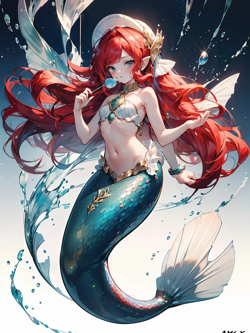 (high resolution) , (best qualityer),(4 k image),(detailedeyes),(body detailed). (1 mermaid , big red hair.),(very small chest), 1 mermaid,with a lollipop in your mouth,sample body. (sample body)