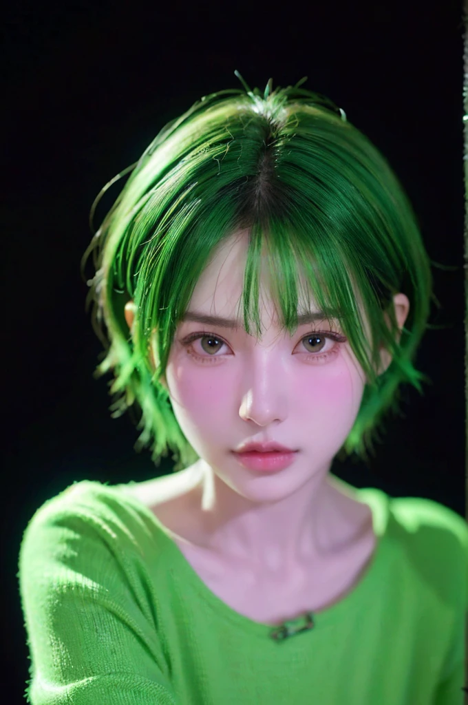 HDR, UHD,8K, face High Quality, nokiapretty, sweather, (((black background 8k))),  short hair, greenhair, from below