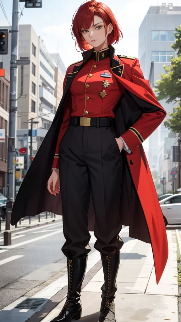(NSFW, Highest Resolution, Clear Image) This masterpiece captures the attention to detail of a semi-realistic depiction of Dishonor 2's main character, a very beautiful woman, standing alone in a normal handsome posture. Her short, fiery red hair contrasts starkly against the cool backdrop of a military school, where she is dressed in a tall and strong white and red uniform, complete with military pants and boots. Her uniform is crisp and well-fitted, showcasing her tall and athletic build.

Her golden eyes betray an indifferent look, but her posture speaks volumes of her confidence and self-assuredness. She stands with a severe
