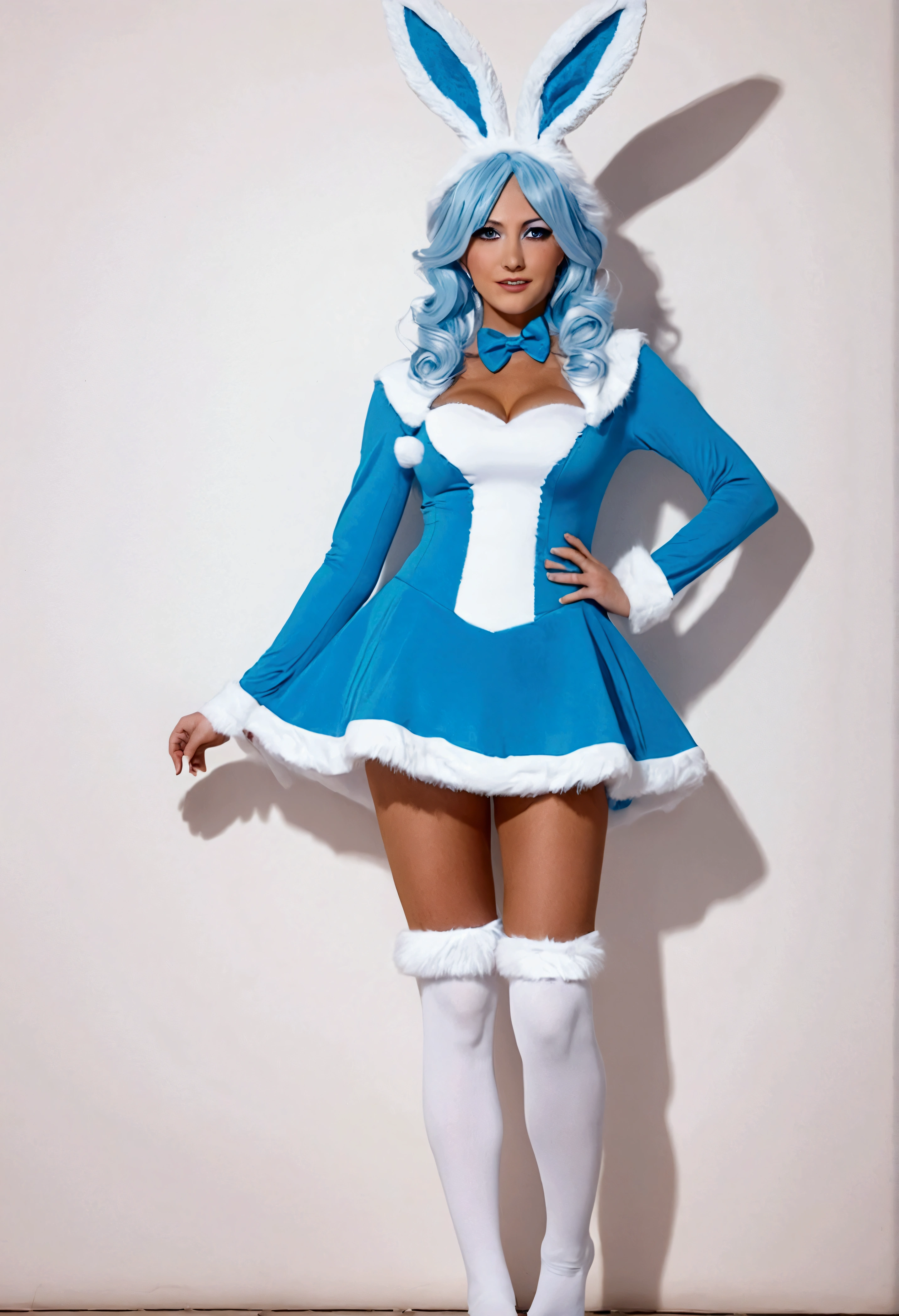 Best Quality，masterpiece，((Light Blue Skinny Bunny Costume))，WHITE SOCKS，White knee high socks，，(light blue body，white legs，white feet，white eyes, white fox tail)，((white fox ears))，snow background