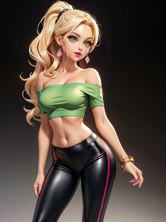 (4K quality), masterpiece, cinematic angle, (Best quality: 1.0), (Super High Resolution: 1.0), beautiful mature 36 year old woman, standing at approximately 5'1" tall, has long blonde hair, wavy hair, has tan-olive skin, light green eyes, has a beautiful smile, ((slim, petite)), her breasts are C-cup, (Is wearing a yellow off-shoulder top, glossy black leggings, emerald earrings, silver bracelets and white Nike sneakers), is wearing pink makeup, is wearing red lipstick, she's holding a cell phone, 4k textures, raw photo, epic artistic, photoreal art, sharp focus, even lighting, insane details, intricate details, hyperdetailed, rich colors