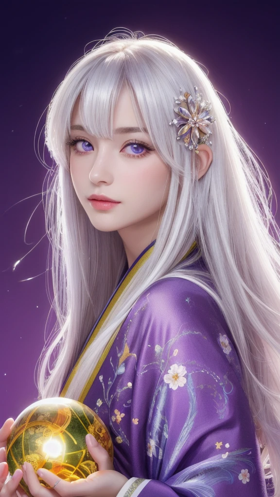 (Masterpiece: 1.3), (8k, photorealistic, raw photo, highest quality: 1.4), (single woman), beautiful face, (realistic face), (long hair), (silver hair, almost white hair, shiny hair, beautiful straight hair), (even bangs), (sharp bangs), straight hairstyle, realistic eyes, beautiful detailed eyes (purple eyes), (sharp eyes), (realistic skin), beautiful skin, (kimono), (magician's kimono), (flower hair ornament), attractive, ultra high resolution, ultra realistic, high definition, golden ratio, colorful background, (flowers blooming), (energy dancing background, flashy background, so many hearts background), magician, looking forward, looking straight ahead, looking forward, eyes meeting, looking straight ahead, looking at you, holding a crystal ball, (heart crystal ball, love crystal ball). Anatomically correct, highest quality, accurate, high resolution, looking forward,
