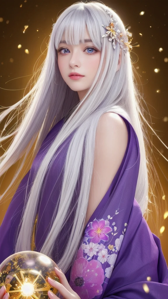 (Masterpiece: 1.3), (8k, photorealistic, raw photo, highest quality: 1.4), (single woman), beautiful face, (realistic face), (long hair), (silver hair, almost white hair, shiny hair, beautiful straight hair), (even bangs), (sharp bangs), straight hairstyle, realistic eyes, beautiful detailed eyes (purple eyes), (sharp eyes), (realistic skin), beautiful skin, (kimono), (magician's kimono), (flower hair ornament), attractive, ultra high resolution, ultra realistic, high definition, golden ratio, colorful background, (flowers blooming), (energy dancing background, flashy background, so many hearts background), magician, looking forward, looking straight ahead, looking forward, eyes meeting, looking straight ahead, looking at you, holding a crystal ball, (heart crystal ball, love crystal ball). Anatomically correct, highest quality, accurate, high resolution, looking forward,