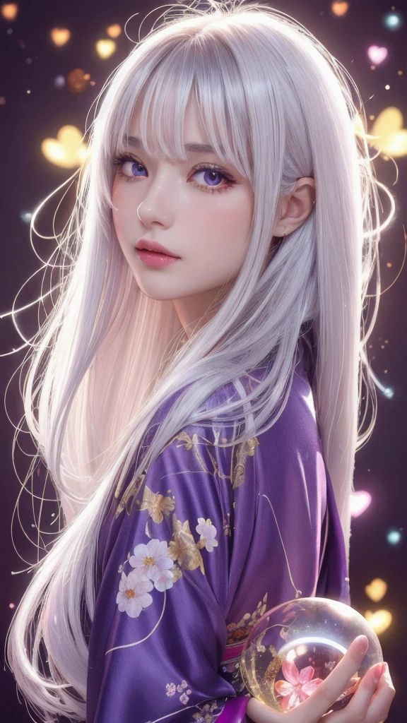 (Masterpiece: 1.3), (8k, photorealistic, raw photo, highest quality: 1.4), (single woman), beautiful face, (realistic face), (long hair), (silver hair, almost white hair, shiny hair, beautiful straight hair), (even bangs), (sharp bangs), straight hairstyle, realistic eyes, beautiful detailed eyes (purple eyes), (sharp eyes), (realistic skin), beautiful skin, (kimono), (magician's kimono), (flower hair ornament), attractive, ultra high resolution, ultra realistic, high definition, golden ratio, colorful background, (flowers blooming), (energy dancing background, flashy background, so many hearts background), magician, looking forward, looking straight ahead, looking forward, eyes meeting, looking straight ahead, looking at you, holding a crystal ball, (heart crystal ball, love crystal ball). Anatomically correct, highest quality, accurate, high resolution, looking forward,
