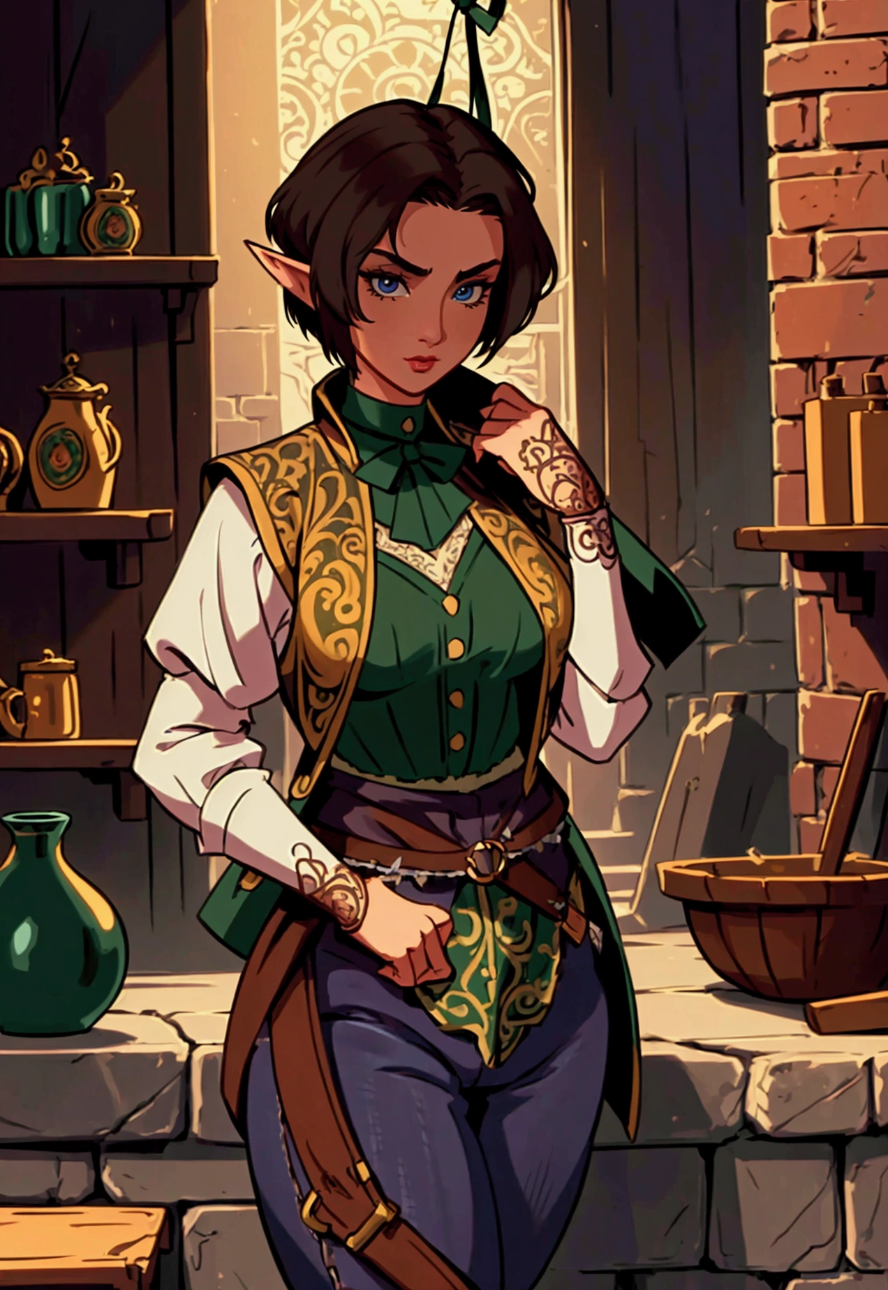 (Masterpiece, Best quality, Top quality, Intricate details, Beautiful, aesthetic:1.2), Highest quality, masterpiece, high resolution, 8k, cinematic lighting, sharp resolution, medium shot, samdoesarts style, beautiful woman, character portrait, 1 female elf, beautiful short dark hair, very short hair, rogue, dressed well, ((britches)), and vest, a sickle hangs from her hip, daytime, crowded city streets, fantasy city, cobblestone streets,