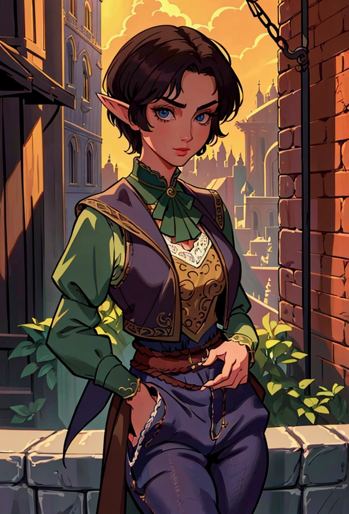 (Masterpiece, Best quality, Top quality, Intricate details, Beautiful, aesthetic:1.2), Highest quality, masterpiece, high resolution, 8k, cinematic lighting, sharp resolution, medium shot, samdoesarts style, beautiful woman, character portrait, 1 female elf, beautiful short dark hair, very short hair, rogue, dressed well, ((britches)), and vest, a sickle hangs from her hip, daytime, crowded city streets, fantasy city, cobblestone streets,