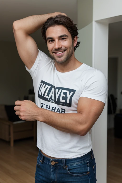 Handsome and tall English man, olive skin and tanned, he's 38 years old,  his hair is dark brown and tousled, his hair is wavy below his shoulders , olive skin, well-built, muscular, thin, he is 1.85 m, gorgeous smile, hazel eyes, unshaven stubble, cheeky badass personality, big eyes, deep sight, he wears a t-shirt and jeans. Smiling