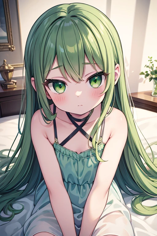 work of art, Maximum quality, super detaill, 8k, detailed light, detailed shadows, Kale, (skin detailed), (Real: 1.2),, 1 Nordic girl, Face, (9 years old), hair green, in a soft bed, evening gown