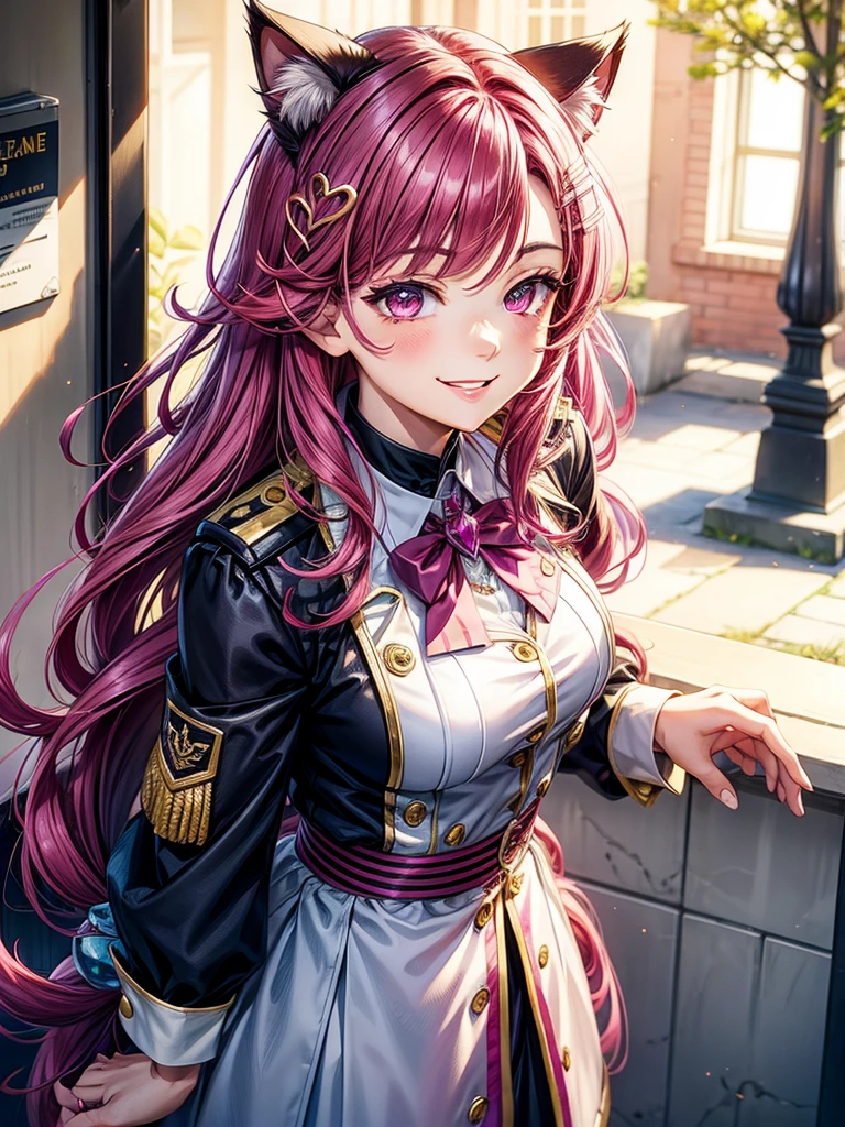 Magenta hair, hazel eyes, older woman, uniform clothes, hair jewel ornament, cat ears, long hair, smiling face, background