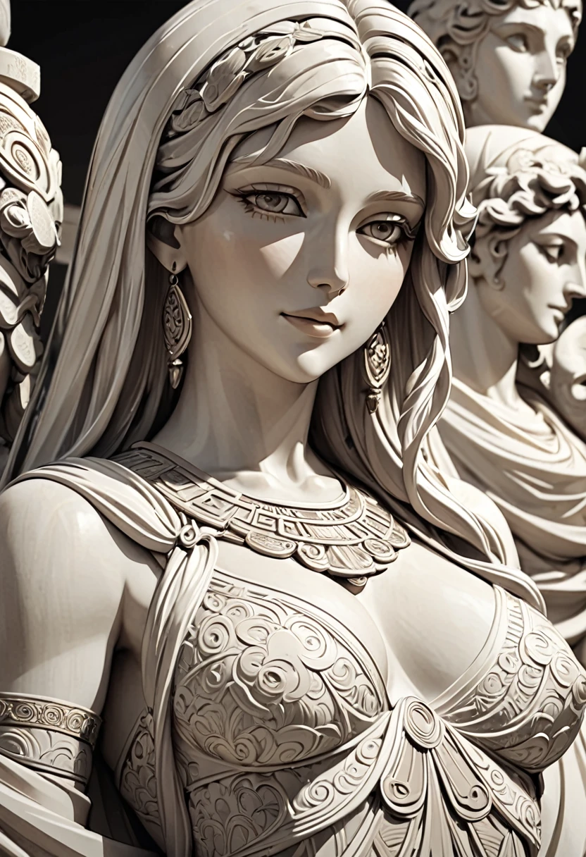 ( perfect anatomy ) Close-up bust of long-haired woman statue ancient greece elegant smile gorgeous very beautiful greek goddess statue movie atmosphere lighting retro style greek stone statue extremely rich details greek goddess statue, Painted in beige,The color of the statue is beige monochrome with intricate and detailed patterns and textures. Highly detailed structure digital art., high detail, High quality animation style