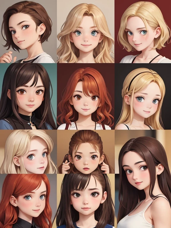 (Best quality, masterpiece), group photo of eight very different students, different emotions, Free postures, Different hair colors(among them there is always 1 redhead, 3 blondes, 2 brown-haired and 2 brunettes), different hairstyles, Different physiques, there is always one brunette Asian, stand in company, whole body