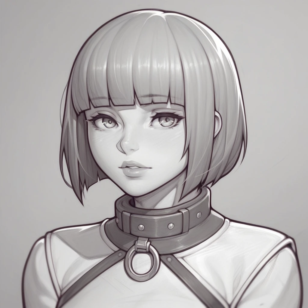 _asura style, greyscale, 1girl, monochrome, solo, bangs, looking_at_viewer, blunt_bangs, short_hair, upper_body, simple_background, high_collar, grey_background, bob_cut