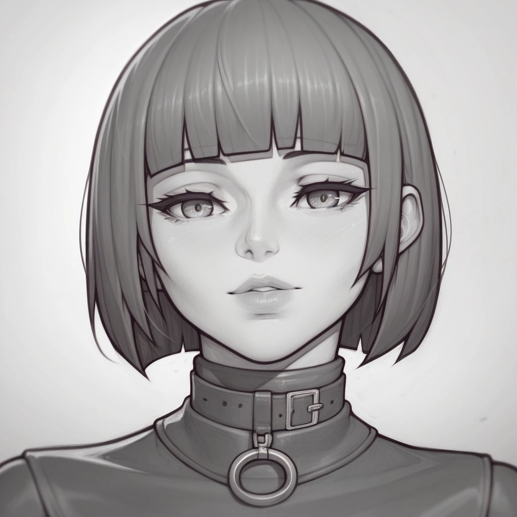 _asura style, greyscale, 1girl, monochrome, solo, bangs, looking_at_viewer, blunt_bangs, short_hair, upper_body, simple_background, high_collar, grey_background, bob_cut