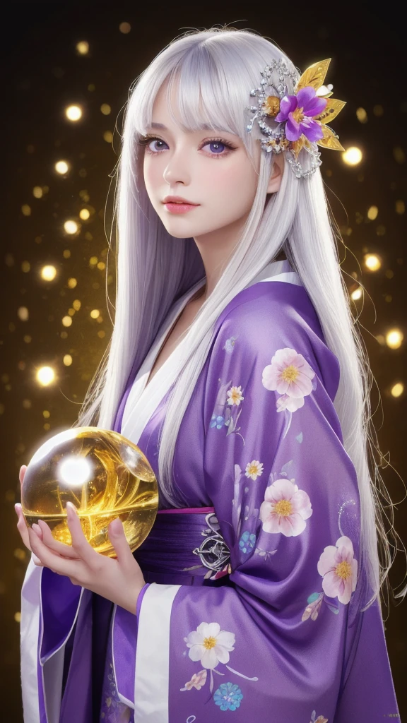 (Masterpiece: 1.3), (8k, photorealistic, raw photo, highest quality: 1.4), (single woman), beautiful face, (realistic face), (long hair), (silver hair, almost white hair, shiny hair, beautiful straight hair), (even bangs), (sharp bangs), straight hairstyle, realistic eyes, beautiful detailed eyes (purple eyes), (sharp eyes), (realistic skin), beautiful skin, (kimono), (magician's kimono), (flower hair ornament), attractive, ultra high resolution, ultra realistic, high definition, golden ratio, colorful background, (flowers blooming), (energy dancing background, flashy background, so many hearts background), magician, looking forward, looking straight ahead, looking forward, eyes meeting, looking straight ahead, looking at you, holding a crystal ball, (heart crystal ball, love crystal ball). Anatomically correct, highest quality, accurate, high resolution, looking forward,