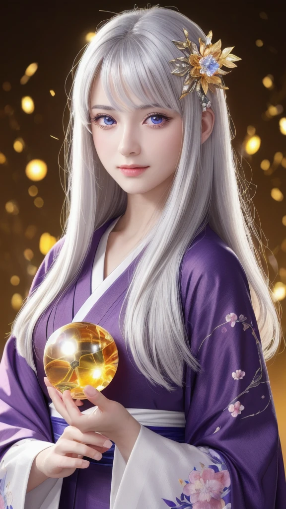 (Masterpiece: 1.3), (8k, photorealistic, raw photo, highest quality: 1.4), (single woman), beautiful face, (realistic face), (long hair), (silver hair, almost white hair, shiny hair, beautiful straight hair), (even bangs), (sharp bangs), straight hairstyle, realistic eyes, beautiful detailed eyes (purple eyes), (sharp eyes), (realistic skin), beautiful skin, (kimono), (magician's kimono), (flower hair ornament), attractive, ultra high resolution, ultra realistic, high definition, golden ratio, colorful background, (flowers blooming), (energy dancing background, flashy background, so many hearts background), magician, looking forward, looking straight ahead, looking forward, eyes meeting, looking straight ahead, looking at you, holding a crystal ball, (heart crystal ball, love crystal ball). Anatomically correct, highest quality, accurate, high resolution, looking forward,