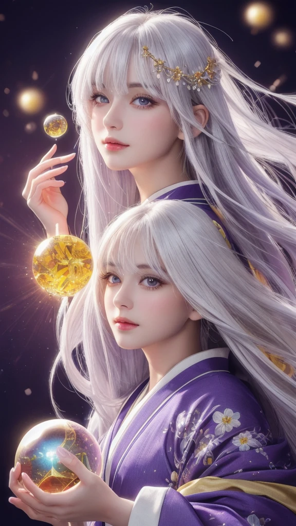 (Masterpiece: 1.3), (8k, photorealistic, raw photo, highest quality: 1.4), (single woman), beautiful face, (realistic face), (long hair), (silver hair, almost white hair, shiny hair, beautiful straight hair), (even bangs), (sharp bangs), straight hairstyle, realistic eyes, beautiful detailed eyes (purple eyes), (sharp eyes), (realistic skin), beautiful skin, (kimono), (magician's kimono), (flower hair ornament), attractive, ultra high resolution, ultra realistic, high definition, golden ratio, colorful background, (flowers blooming), (energy dancing background, flashy background, so many hearts background), magician, looking forward, looking straight ahead, looking forward, eyes meeting, looking straight ahead, looking at you, holding a crystal ball, (heart crystal ball, love crystal ball). Anatomically correct, highest quality, accurate, high resolution, looking forward,