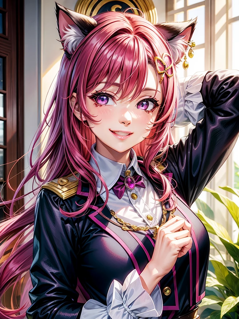 Magenta hair, hazel eyes, older woman, uniform clothes, hair jewel ornament, cat ears, long hair, smiling face, background