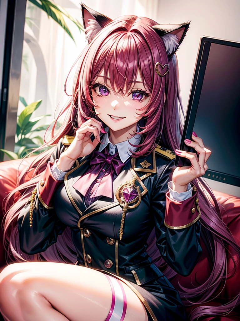 Magenta hair, hazel eyes, older woman, uniform clothes, hair jewel ornament, cat ears, long hair, smiling face, background