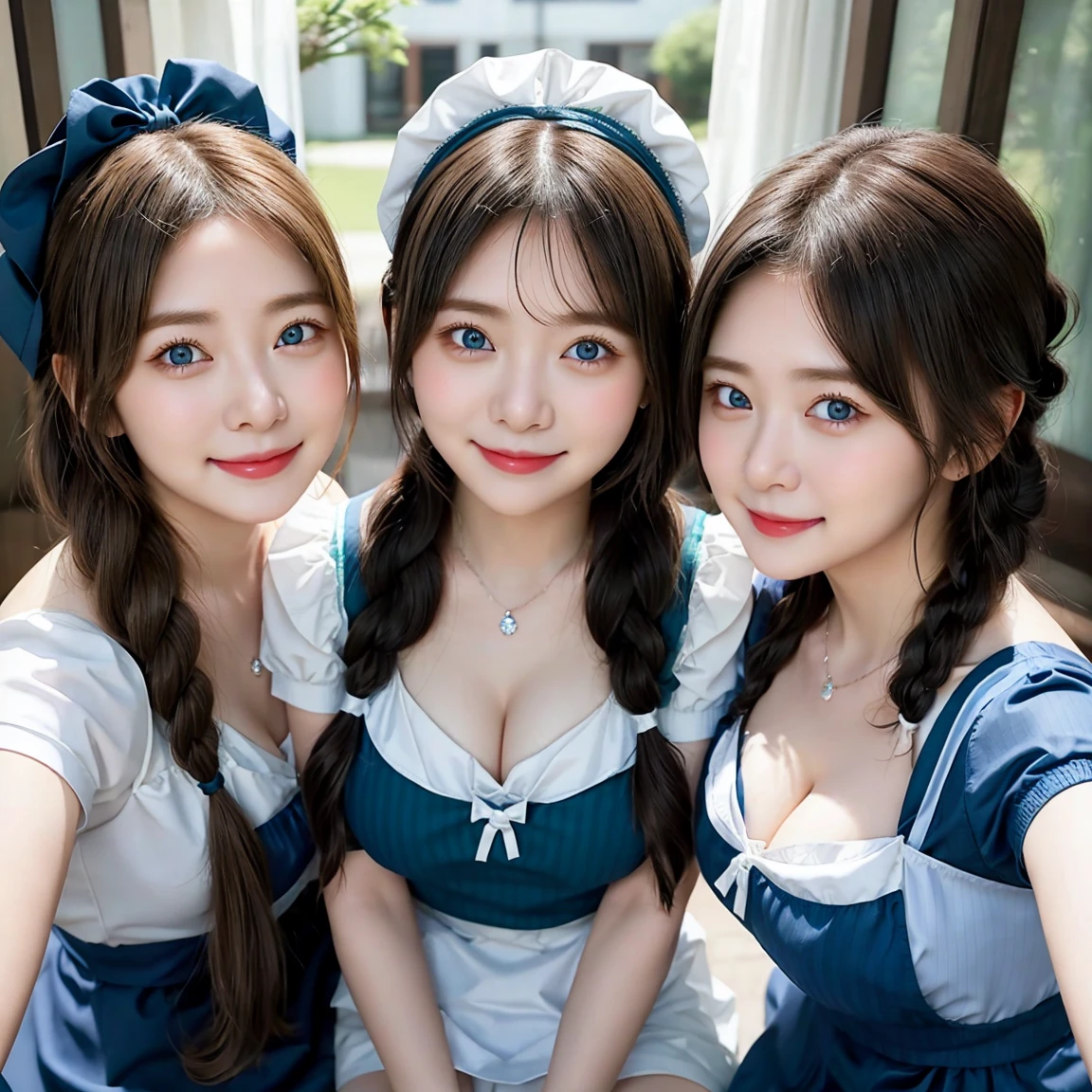 ( 3 girls),smile、Look into the camera、Diamond necklace、braided hair (Maid café outfit with open chest:1.2)、The material is smooth and flexible.、exposed upper arms、Blue-green striped knee-length socks Extra long twin tail hair、close range shooting、Flower Hair Ornaments、Blindfold、Garter、 Masterpiece, Highest quality, 8ก, beautiful girl, young face、 photography, Cute face, thigh,in the stream,、รอยsmile、small waist, blue eyes(((The chest is erect.)))(((round chest)))(((big breasts:1.1)))