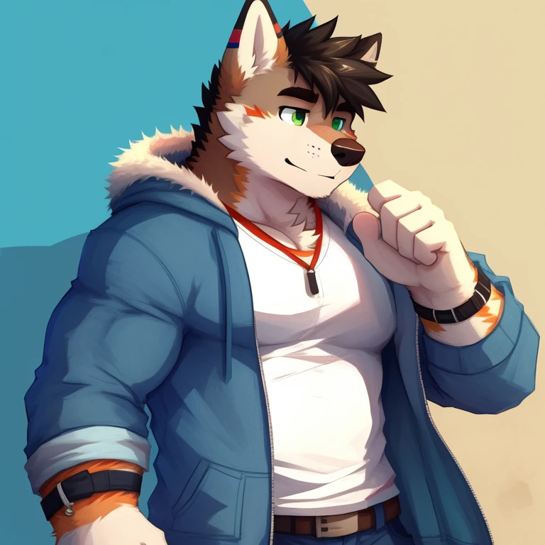 (masterpiece, Best Quality:1.2), lobo, detailed face, detailed body, toned body, muscled body, 5 fingers, Detailed hands, green eyes, detailed eyes, short hair same coat color, natural fur, 2 arms, homosexual, casual clothes, light colored flat background, background with figures, one color background, por pache riggs