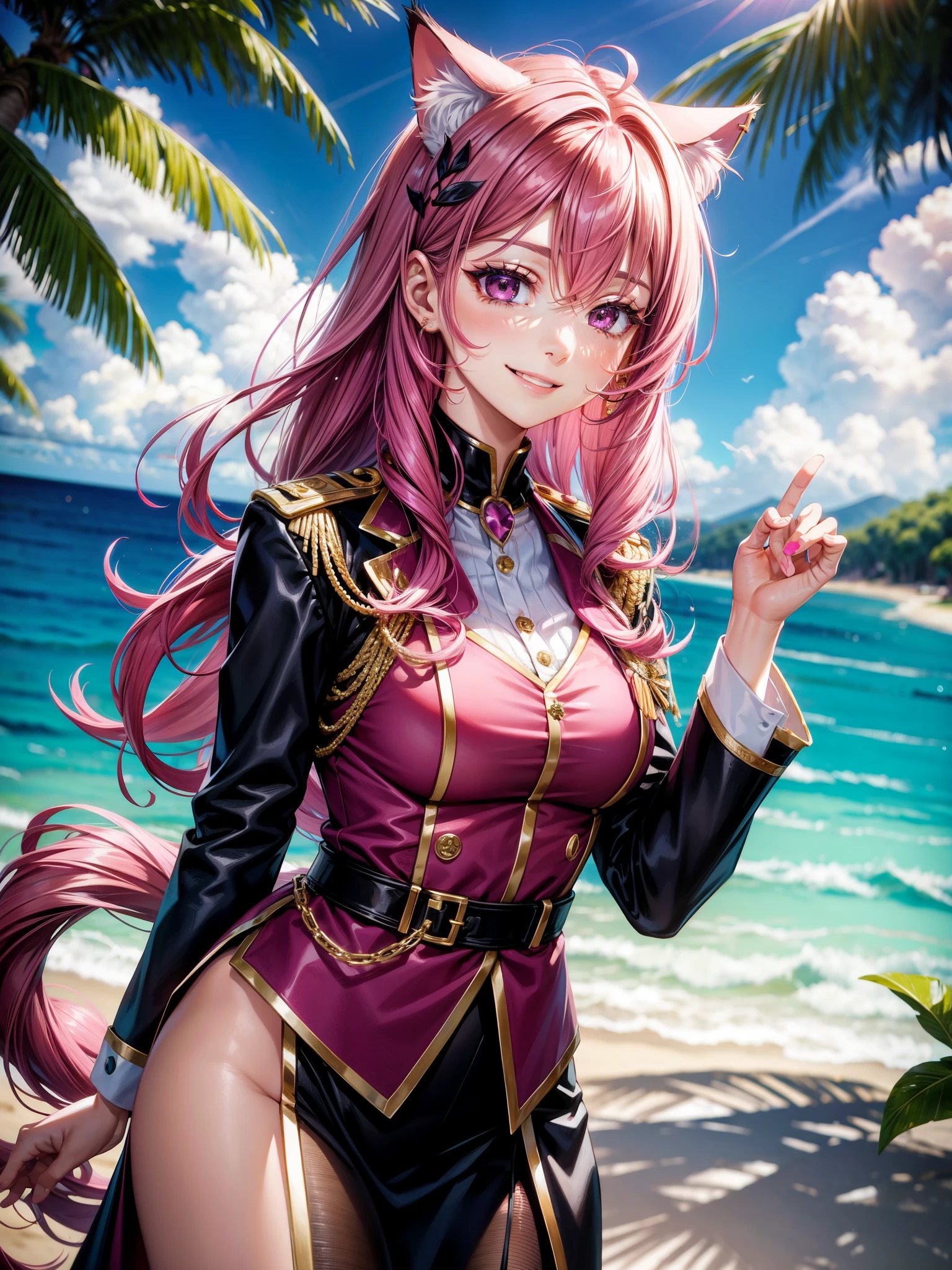 Magenta hair, hazel eyes, older woman, uniform clothes, hair jewel ornament, cat ears, long hair, smiling face, tropical background